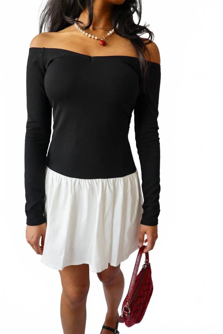 NEW BLUE BLUSH off the shoulder mini dress in black-off white